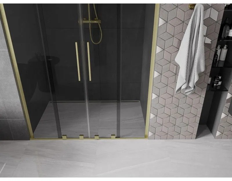 Mexen Velar L Duo, posuvné sprchové dvere do otvoru 150 cm, 8mm šedé sklo, zlatá matná, 871-150-003-42-55
