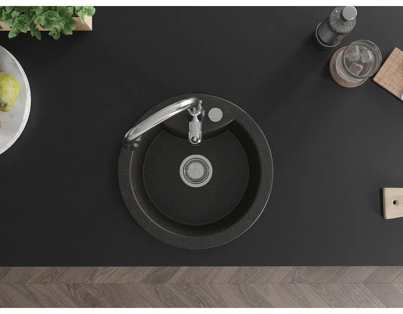 Mexen Diego, 1-komorový granitový drez 488x488x167 mm a drezová batéria Savita, čierna-zlatá metalíza, 6512-75-672601-00