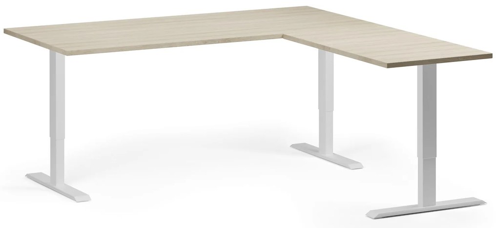 Výškovo nastaviteľný stôl, 180x180 cm, 3 motory, L/P, biela podnož, dub prírodný