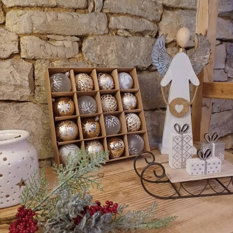 DECOLED Plastové ozdoby, prům. 6 cm, 16 ks, světlá