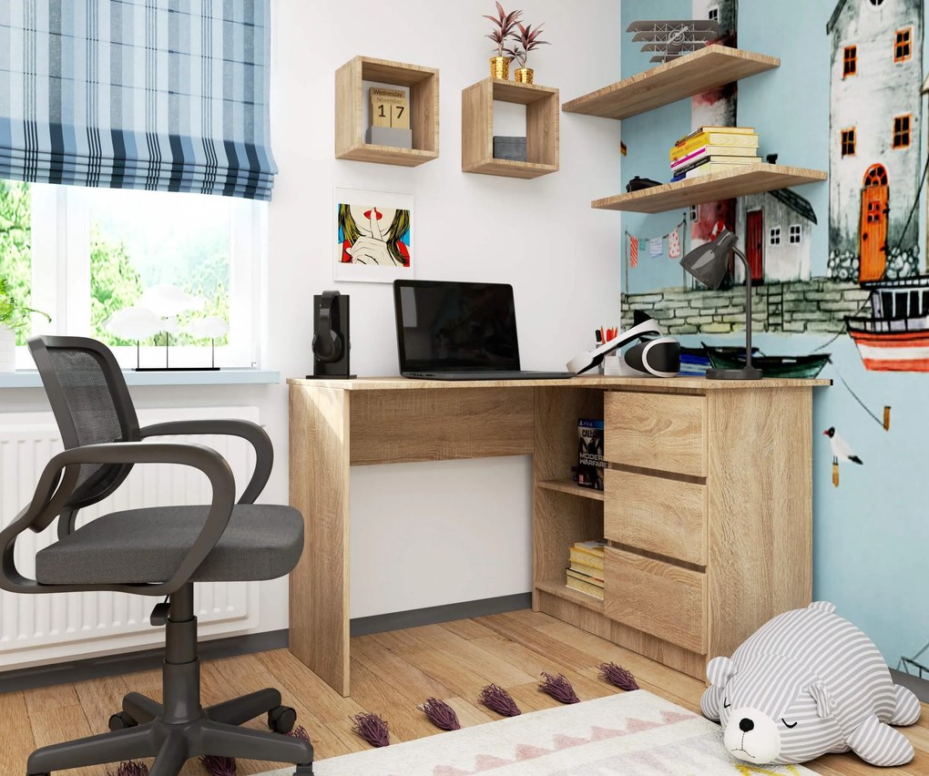 Rohový PC stolík Bodhi (dub sonoma) (P). Akcia -15%. Vlastná spoľahlivá doprava až k Vám domov. 1128559