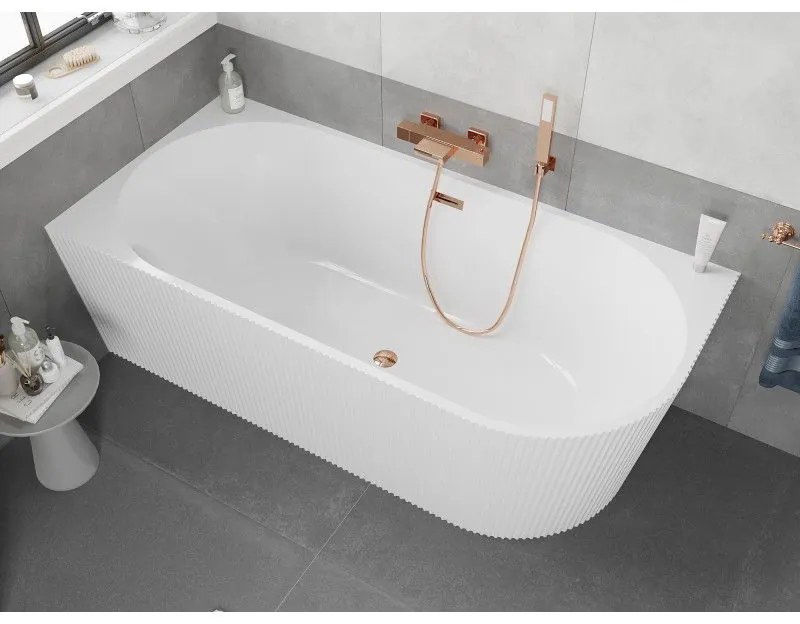 Mexen Silo, rohová voľne stojaca ryhovaná vaňa, ľavá, 170 x 80 cm, biela lesklá, ružové zlato prepad, 52891708000L-60