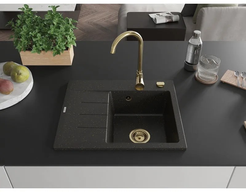 Mexen Ben, 1-komorový granitový drez 600x500x190 mm, pravý + zlatý sifón, čierna-zlatá metalíza, 6523605000-75-G