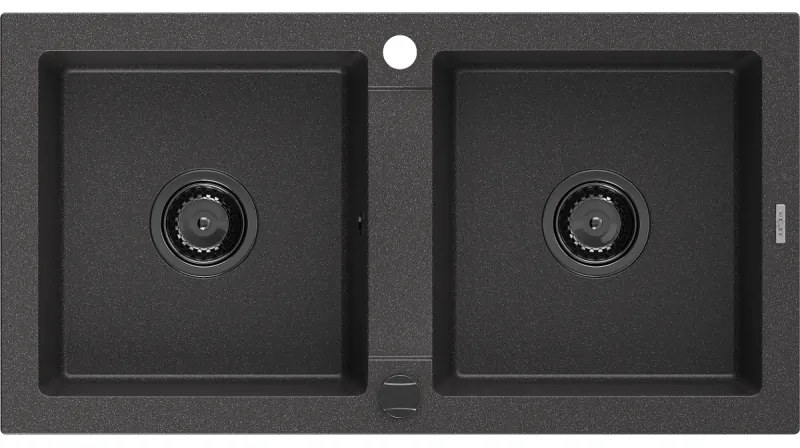 Mexen Mario, granitový drez 820x436x161 mm, 2-komorový, čierna-škvrny s čiernym sifónom, 6504822000-76-B