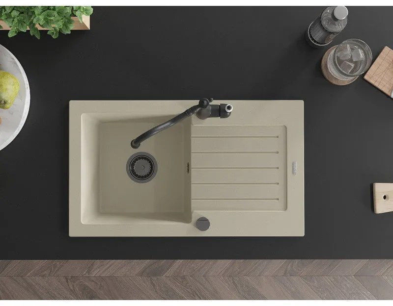 Mexen Pablo, granitový drez 752x436x161 mm, 1-komorový a drezová batéria Carla, béžová, 6510-69-670700-70