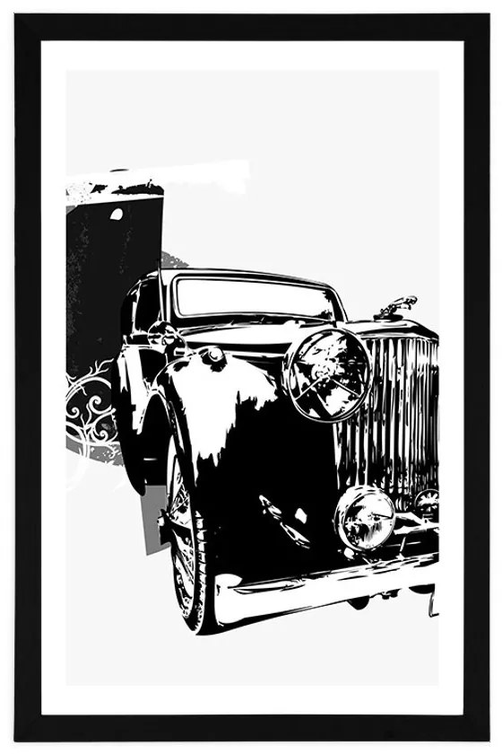 Plagát s paspartou čiernobiele retro auto s abstrakciou