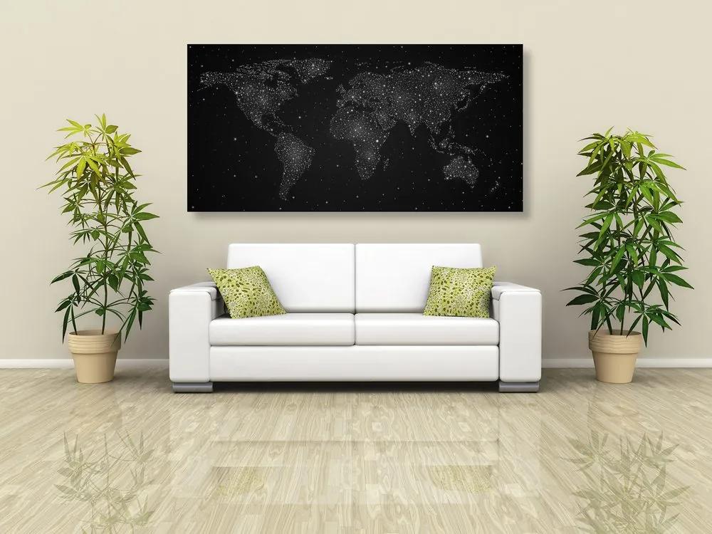 Obraz mapa sveta s nočnou oblohou v čiernobielom prevedení