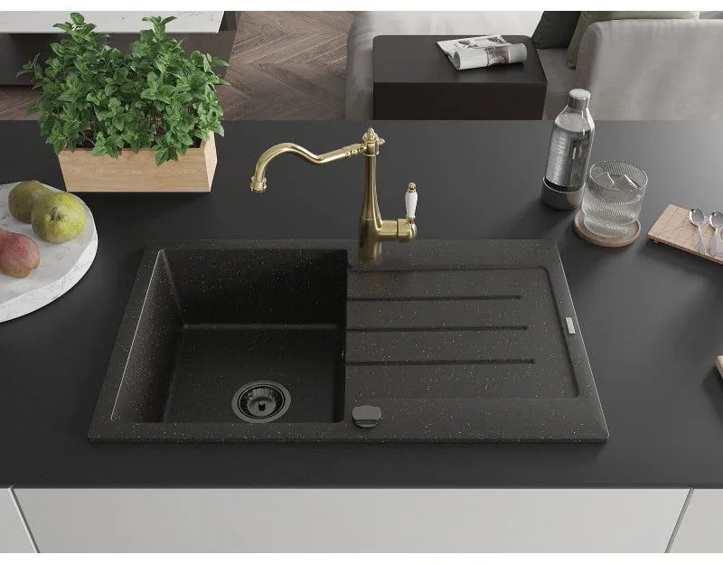 Mexen Bruno, granitový drez 795x495x200 mm, 1-komorový a drezová batéria Carla, čierna-zlatá metalíza, 6513-75-670700-50-B
