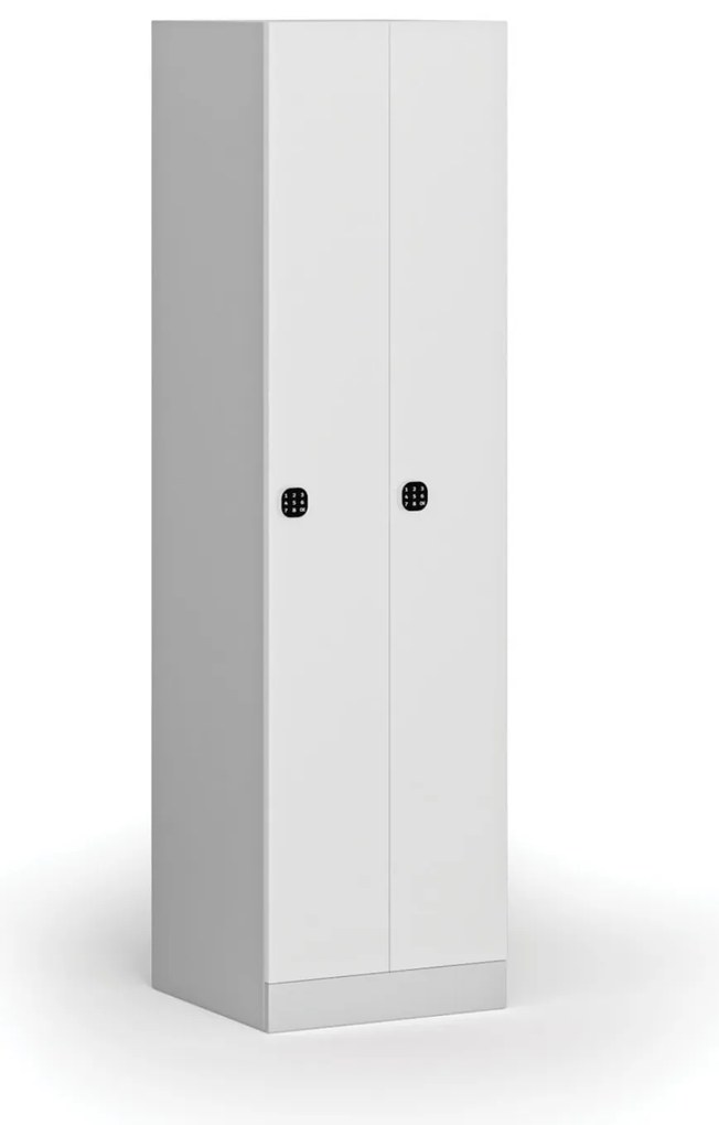 Kovová šatníková skrinka S1 zúžená, 2 oddiely, 1850 x 500 x 500 mm, demont, kódový zámok, laminované dvere, biela