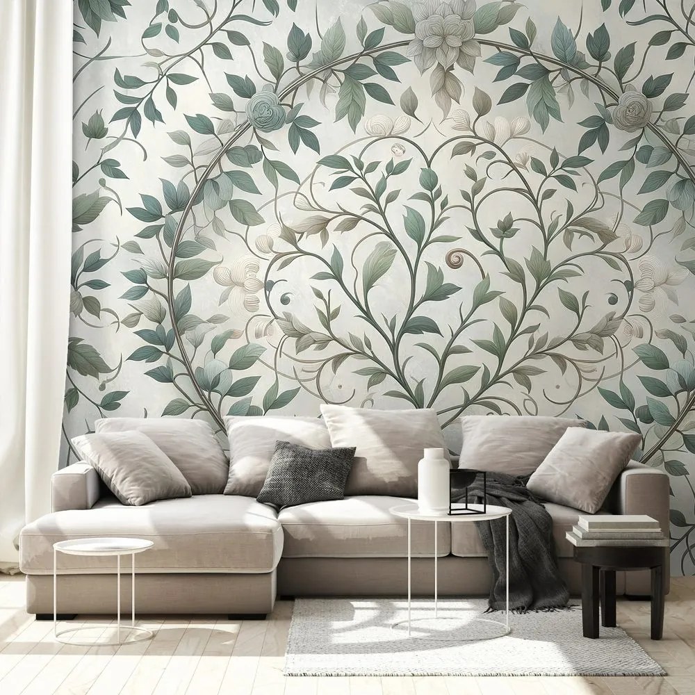 Tapeta elegantné zelené listy s kvetmi