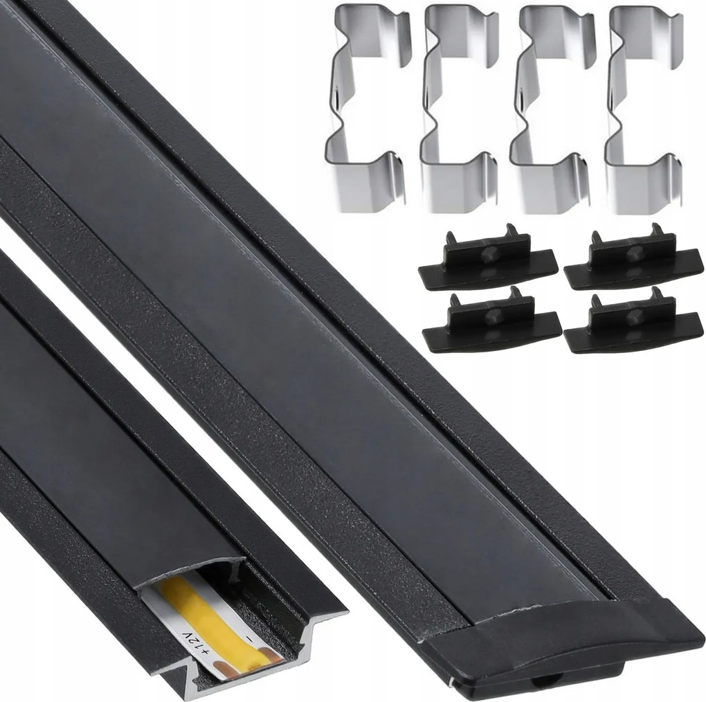 BERGE LED hliníkový profil zapustený 2m čierny - sada