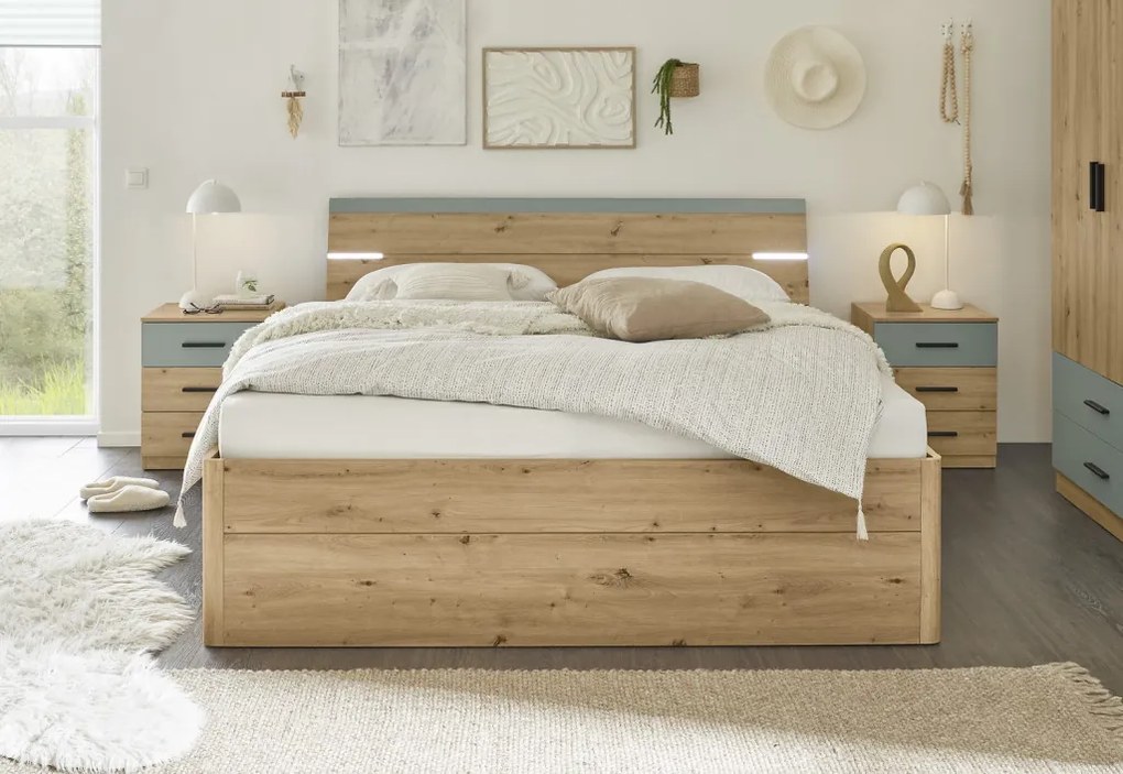 Posteľ s nočnými stolíkmi Savina 180x200 cm, dub artisan/šalviová, s osvetlením