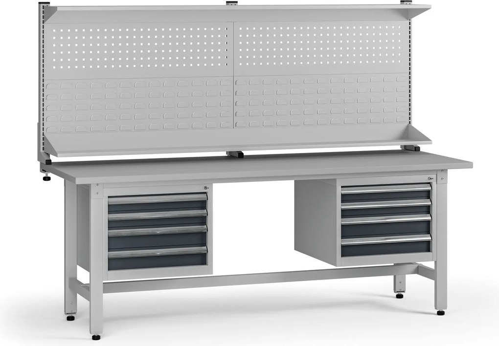 Výškovo nastaviteľný dielenský stôl G5 s nadstavbou, 2100 x 750 x 800-1000 mm, 2x kontajner, 8 zásuviek, grafit