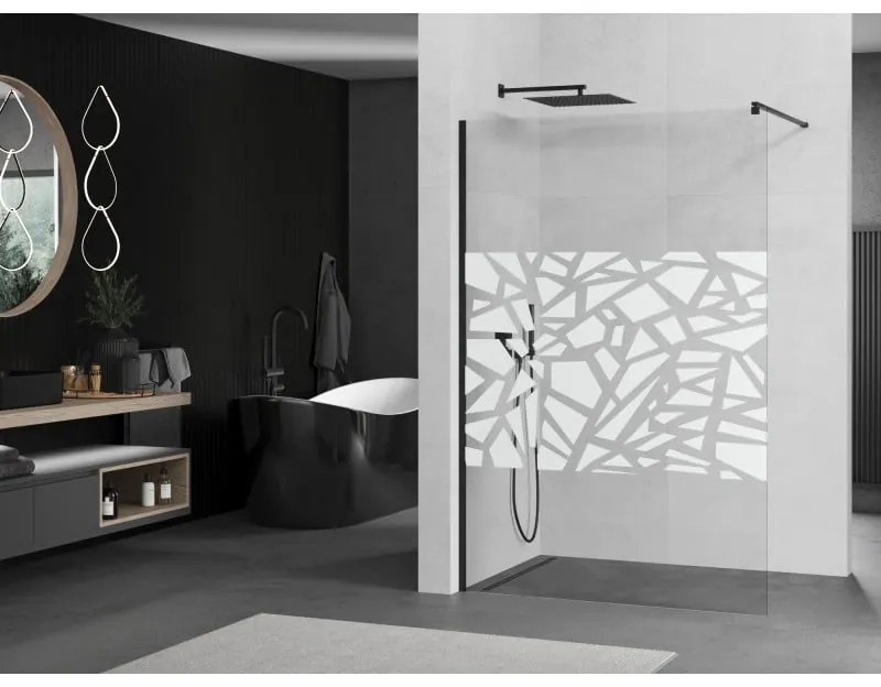 Mexen Kioto sprchová zástena 140x200 cm 8 mm, čierne, biely vzor, 800-140-101-70-85