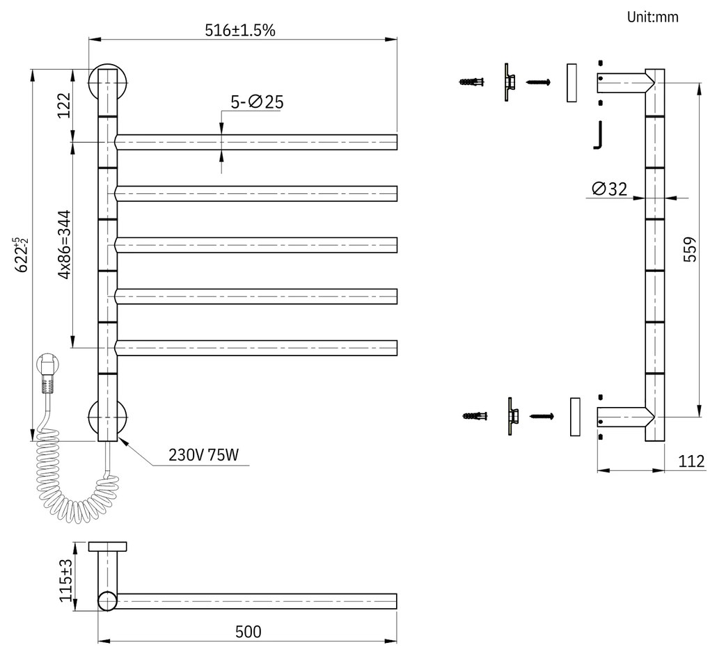 Gamma Awry, elektrický kúpeľňový radiátor s otočnými ramenami 516x622 mm, 75W, čierna, GMA-AWRY-622516-BK