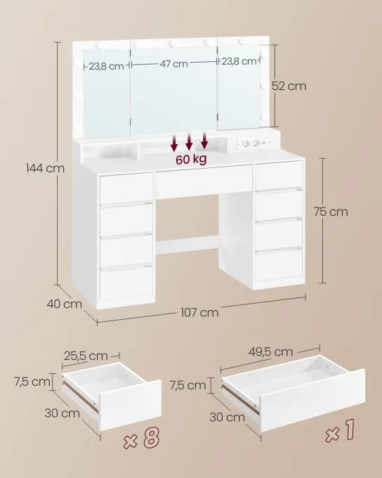 Toaletný stolík so zrkadlom a LED osvetlením RDT146WB01
