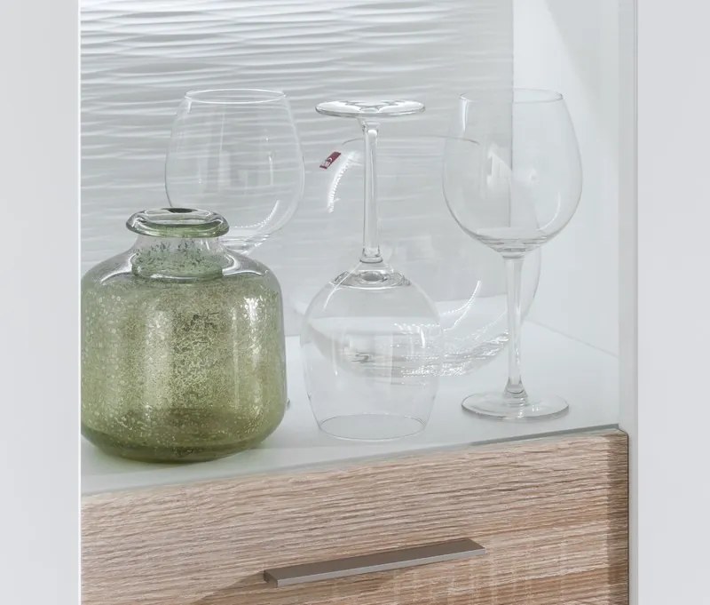 Vysoká vitrína Caracas typ 02, dub / biely lesk, s osvetlením