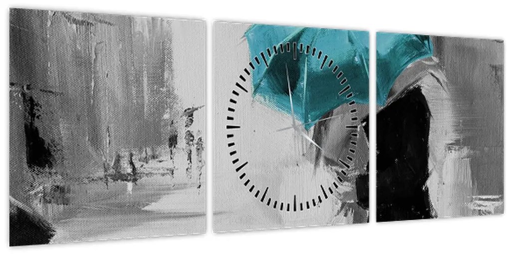 Obraz - Zamilovaný pár s dáždnikom, modrý (s hodinami) (90x30 cm)