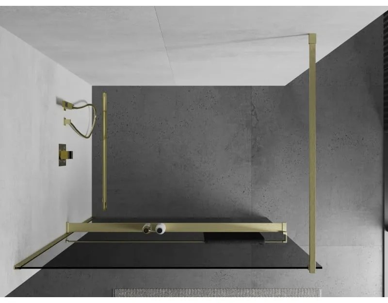 Mexen Kioto+, sprchová zástena Walk-In s poličkou a vešiakom 110 x 200 cm, 8mm šedé sklo, zlatý matný profil, 800-110-121-55-40
