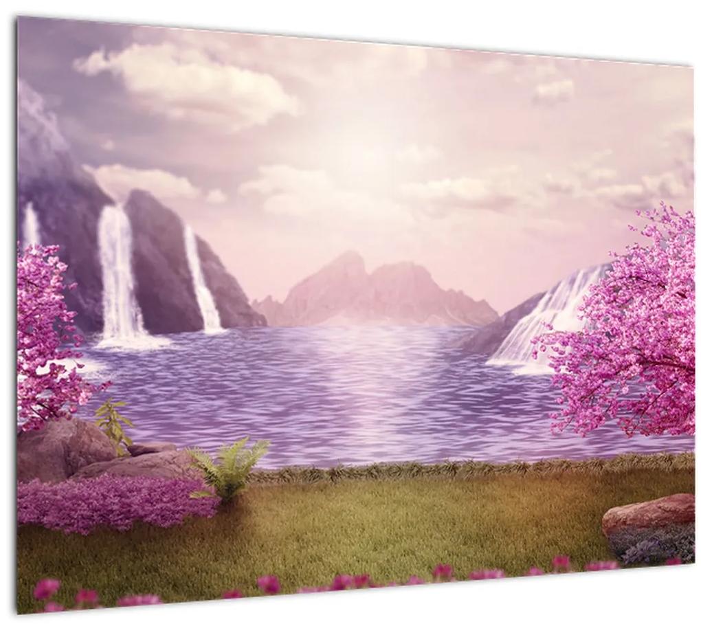 Obraz ružových stromov s jazerom (70x50 cm)