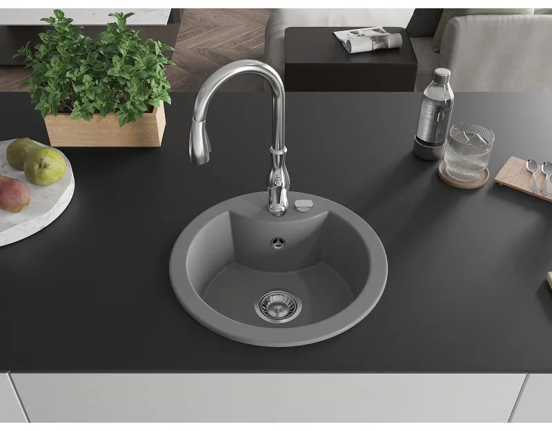 Mexen Diego, 1-komorový granitový drez 488x488x167 mm a drezová batéria Savita, šedá, 6512-71-672601-00