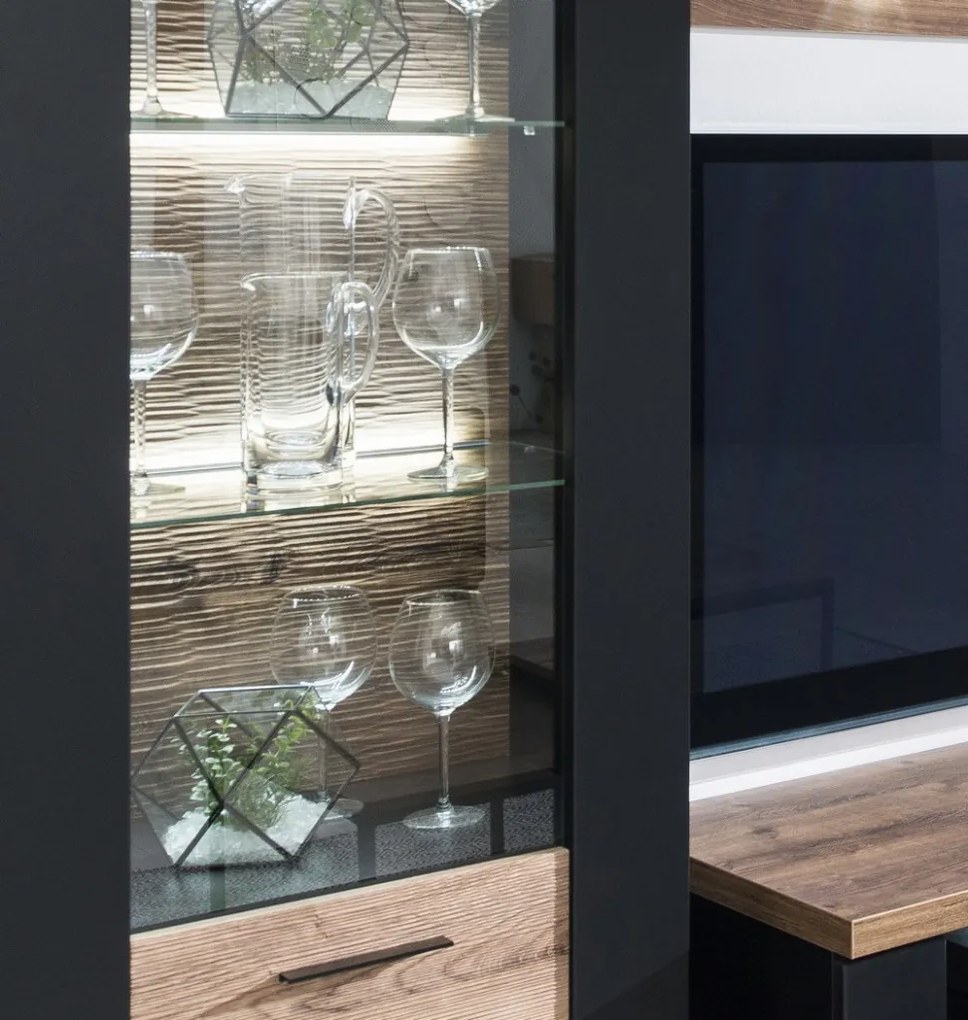 Vysoká vitrína Boston, čierna/dub ribbeck, s osvetlením, pravá