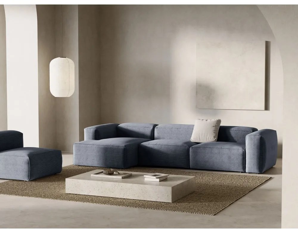 Sivomodrá menčestrová rohová pohovka (ľavý roh/s leňoškou) Bergamo – Cosmopolitan Design