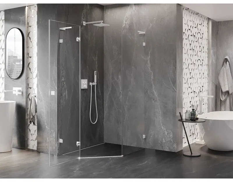 Mexen Lunar, L päťuholníkový sprchový kút naklápací doľava 80 x 90 cm, 8mm číre sklo, biely profil, 831L-080L-090P-20-00-L