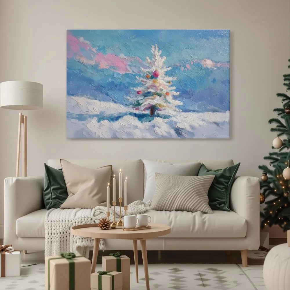 Obraz vianočný stromček v zasneženej krajine