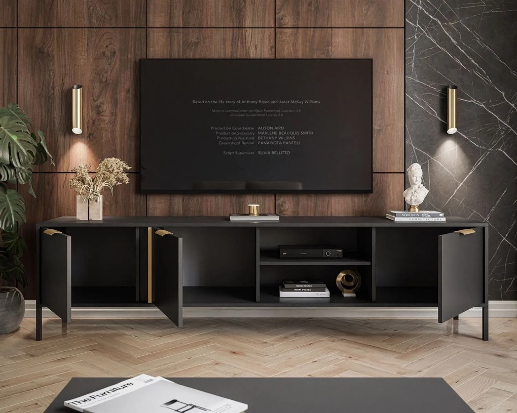 TV STOLÍK LOREEN TMAVOŠEDÝ + ZLATÝ NA NOŽIČKÁCH 203 cm