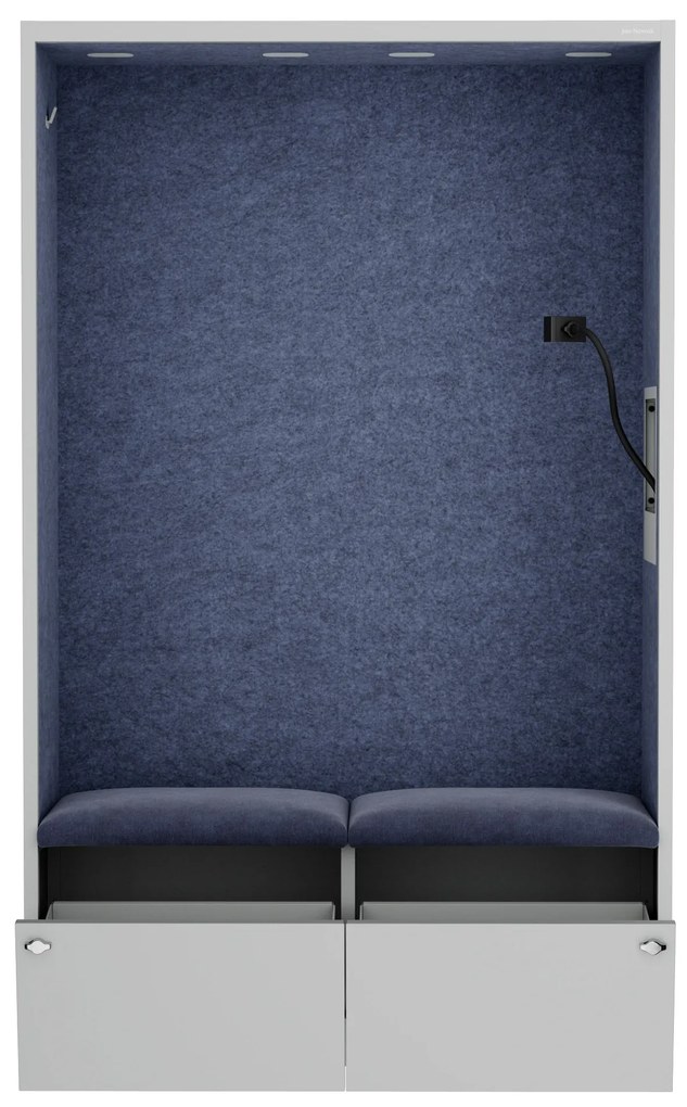 Kancelárska akustická kabína so sedadlom a portom USB-C, telo v sivý / sedák tmavomodrá v zelenej farbe, 1150 mm: SALLY MentalBox
