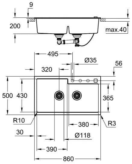 GROHE 31649AP0 - Drez K500 860 × 500 mm granit/čierna