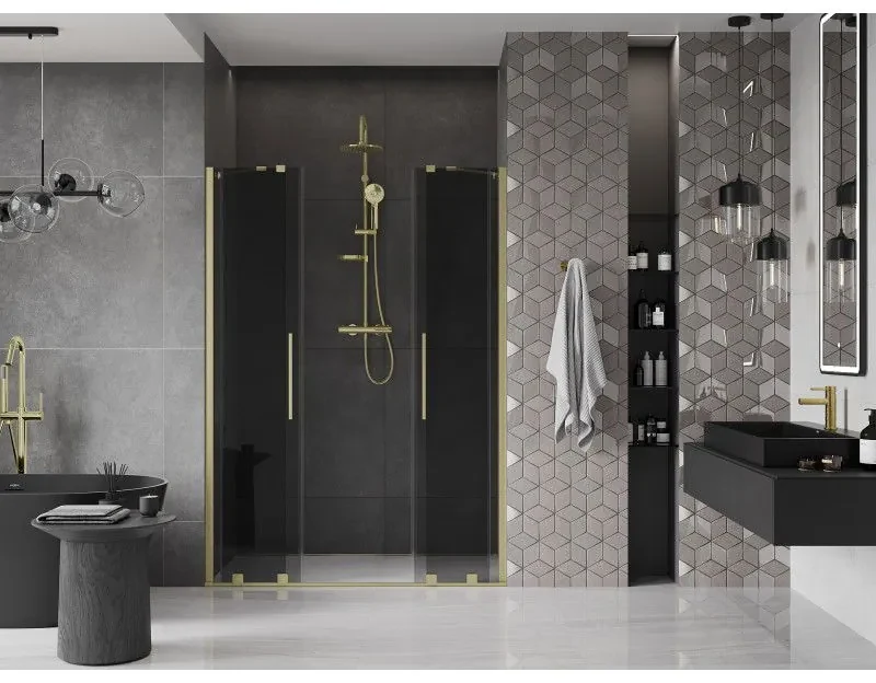 Mexen Velar Duo, posuvné sprchové dvere do otvoru 140 cm, 8mm šedé sklo, zlatá matná, 871-140-000-42-55