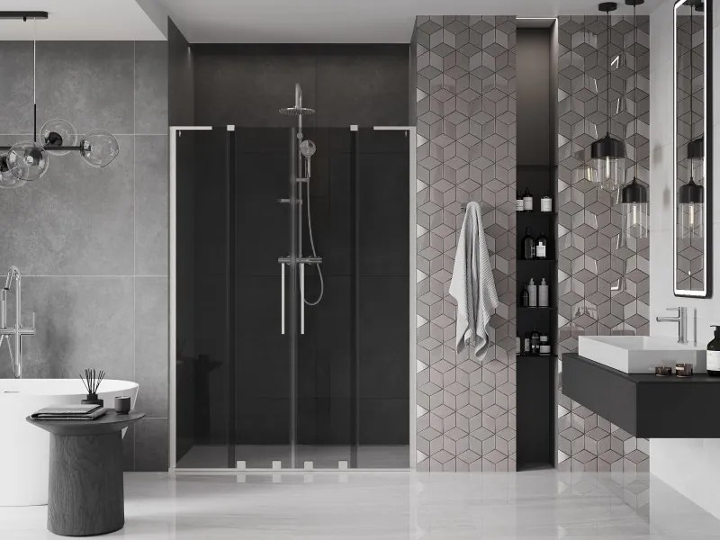 Mexen Velar L Duo, posuvné sprchové dvere do otvoru 150 cm, 8mm šedé sklo, brúsená oceľ, 871-150-003-42-97