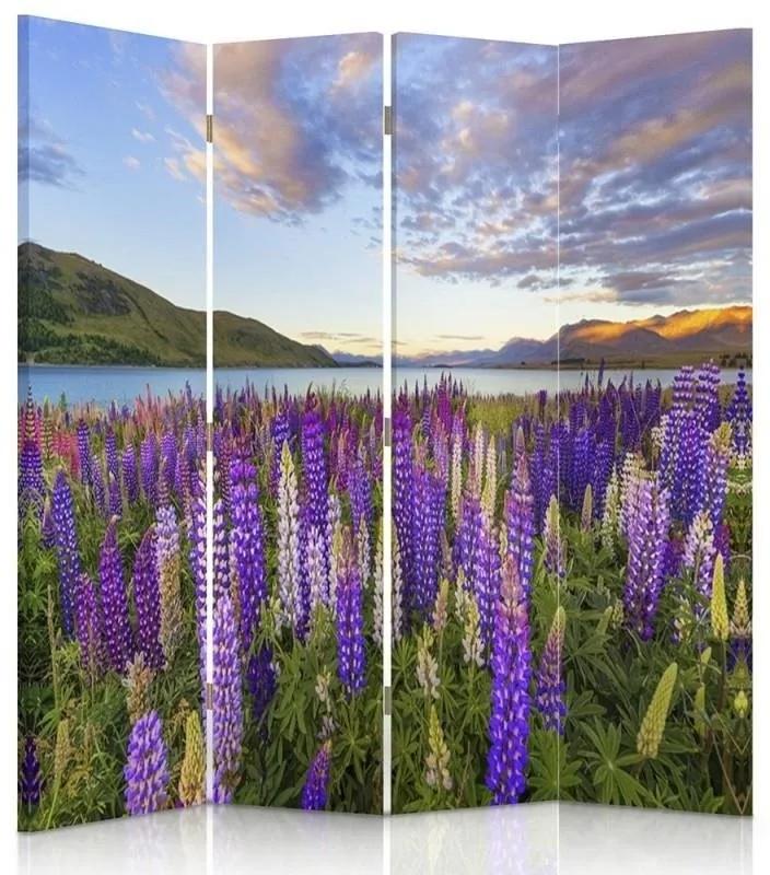 Ozdobný paraván Levandulové jezero Květiny - 145x170 cm, štvordielny, obojstranný paraván 360°