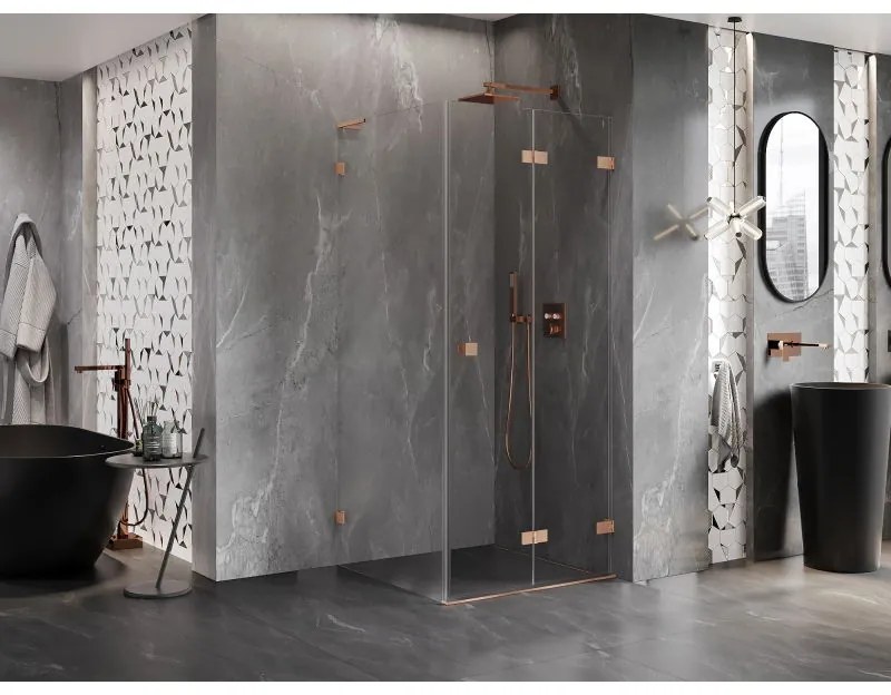 Mexen Lunar-F L, 1-krídlový sprchový kút so skladacími dverami, pravý, 90 x 90 cm, 8mm číre sklo, medený profil, 836L-090-090-65-00-P