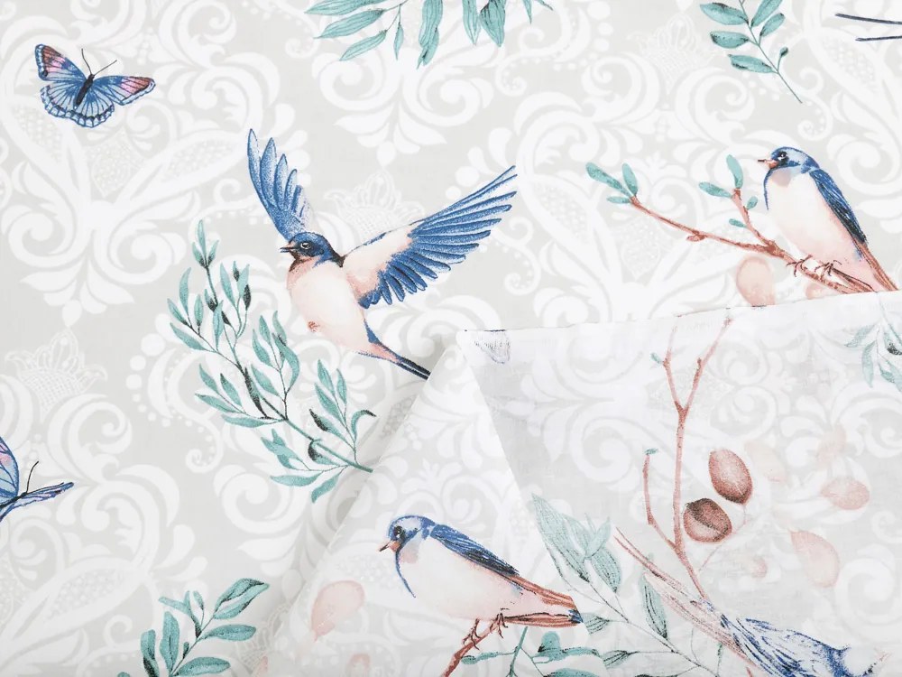 Biante Bavlnený záves Sandra SA-471 Lastovičky s motýlikmi na svetlo sivom ornamente 150x150 cm