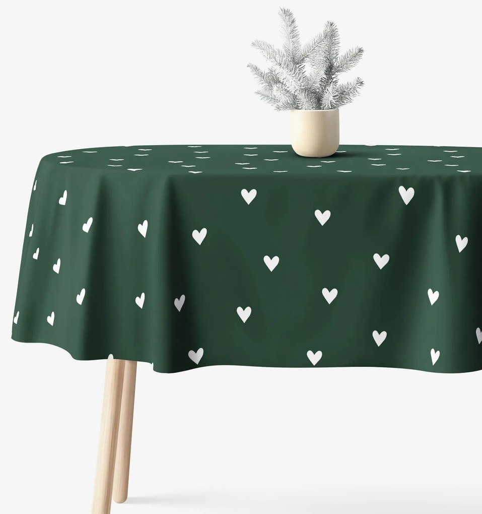 Goldea oválny obrus 100% bavlnené plátno - srdiečka na tmavo zelenom 120 x 200 cm