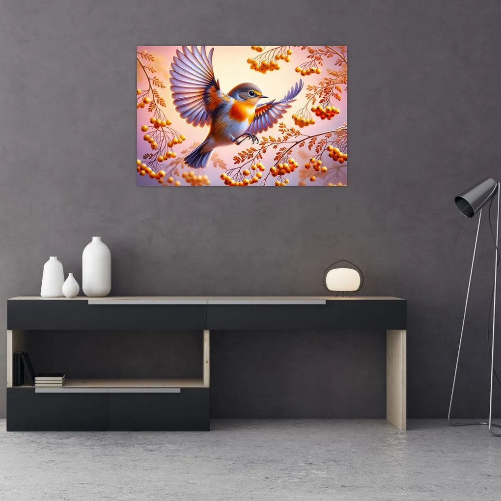 Obraz - Vták s jarabinou (90x60 cm)