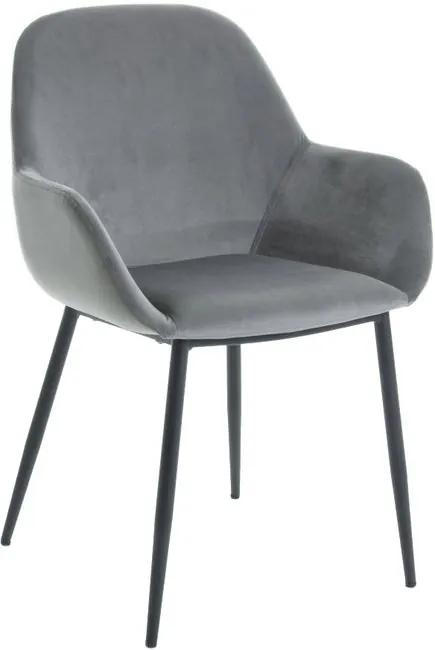 Čalúnená stolička KAMILA sivý polyester v zamatovom prevedení, čierne kovové nohy