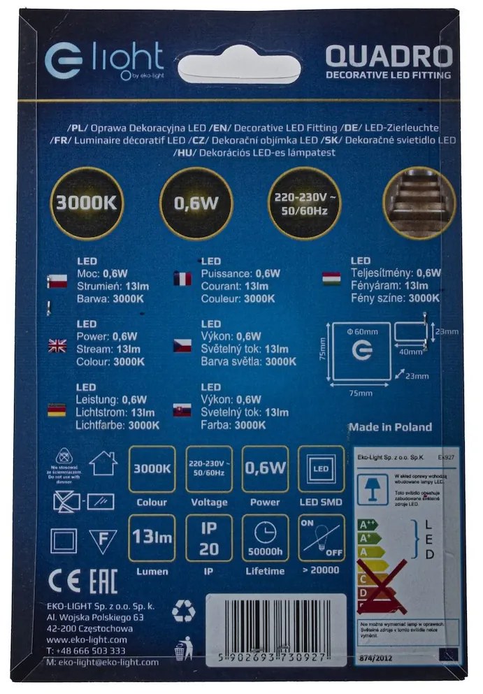 Schodiskové LED svietidlo Quadro, 1x LED 0,6w, 3000k, s