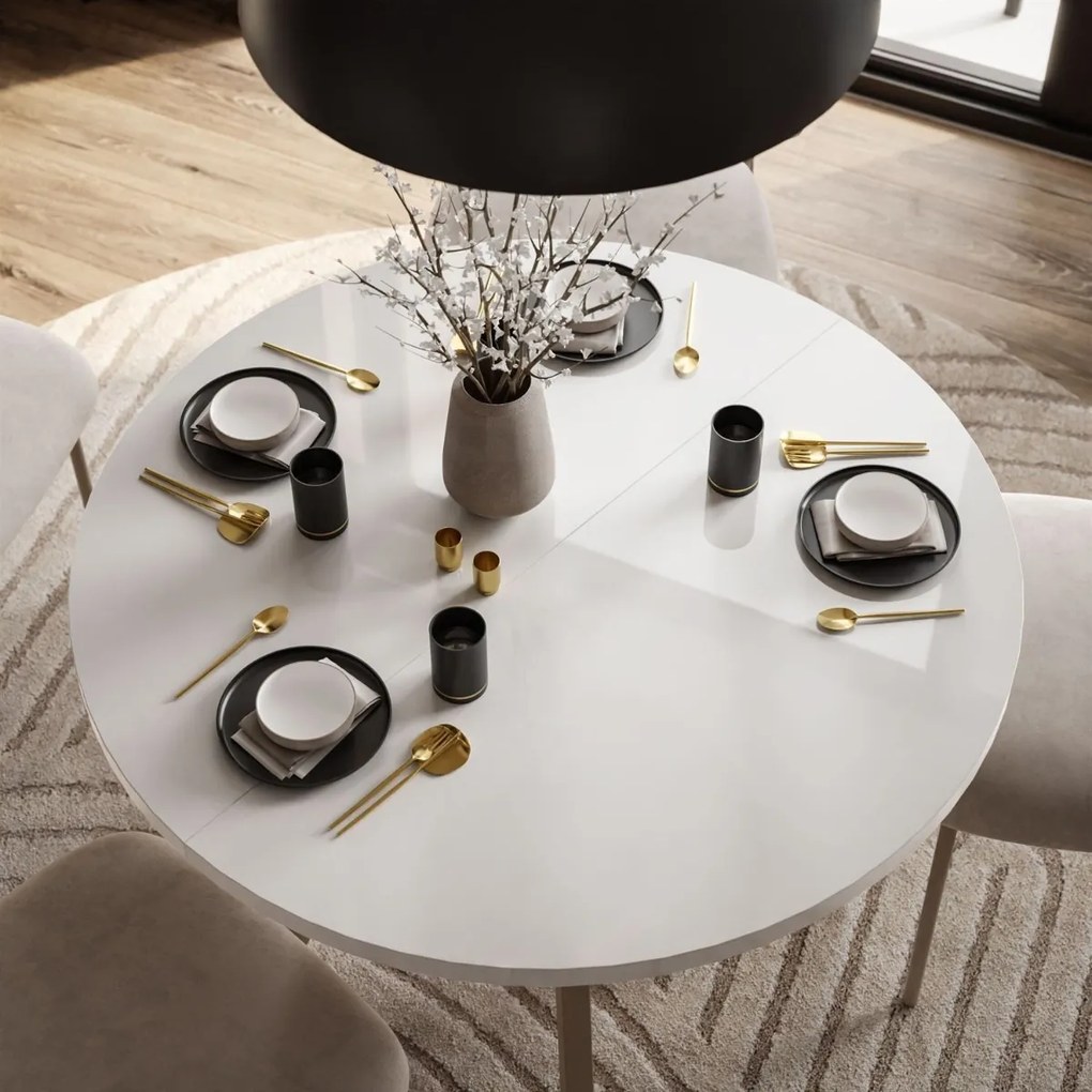 OKRÚHLY ROZKLADACÍ JEDÁLENSKÝ STÔL EWALD BIELY LESK + KAŠMÍR NOHY 100/140 cm