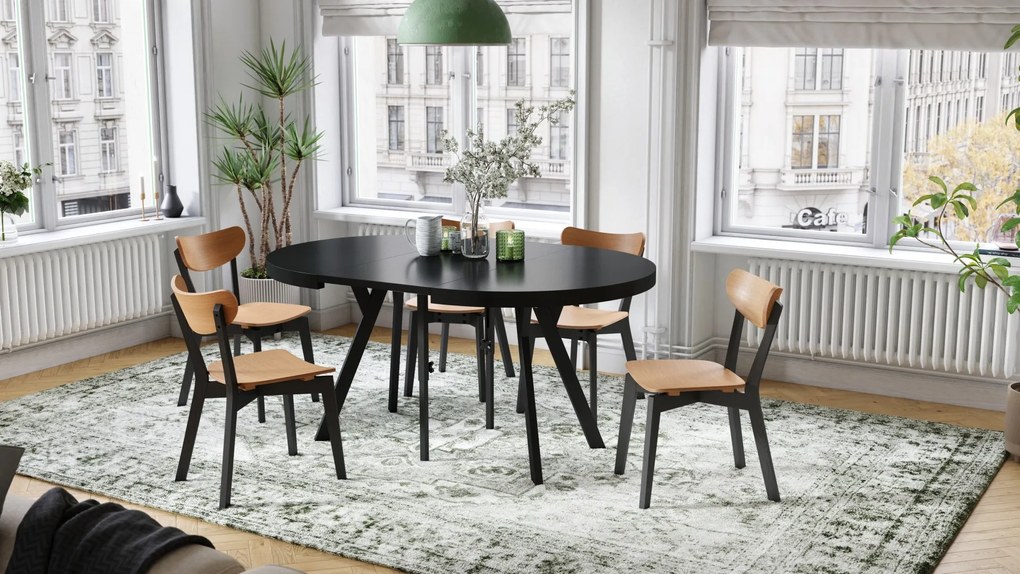 EXPANSO Čierny mat / čierne nohy - VEĽKÝ OKRÚHLY STÔL Ø110 ROZKLADACÍ AŽ DO 310 cm S NOHAMI Y LOFTOVÝ / INDUSTRIÁLNY