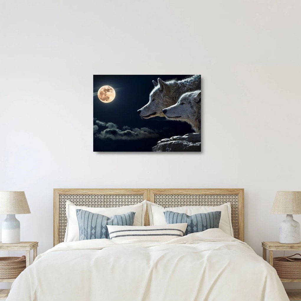 Sklenený obraz vlkov vyjúcich na mesiac (70x50 cm)