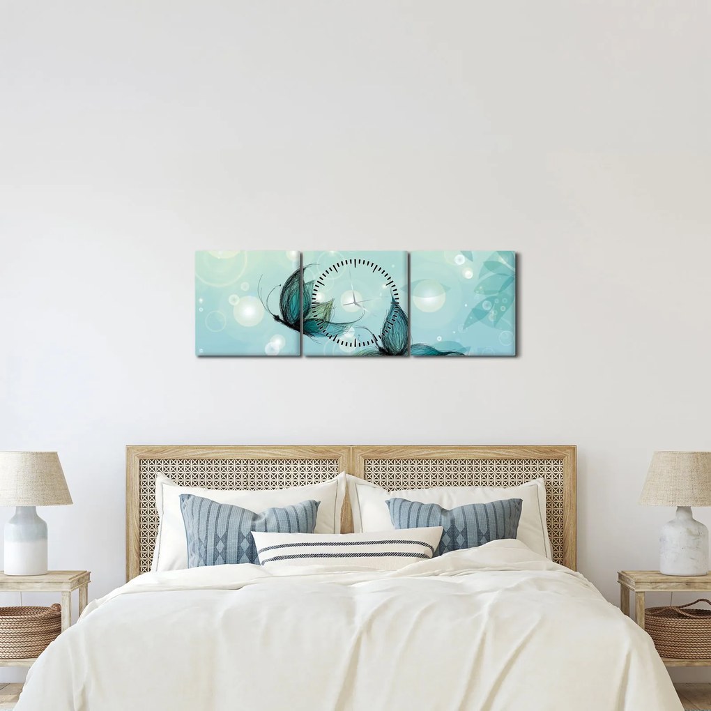 Obraz - Modré motýliky (s hodinami) (90x30 cm)