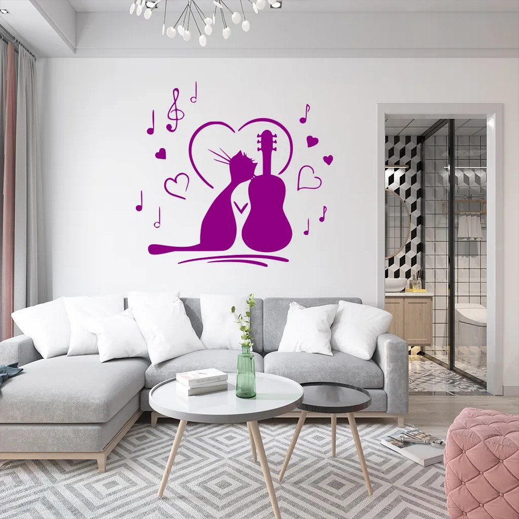 Veselá Stena Samolepka Mačička milujúca hudbu Farba: bílá, Veľkosť: 100 x 93 cm