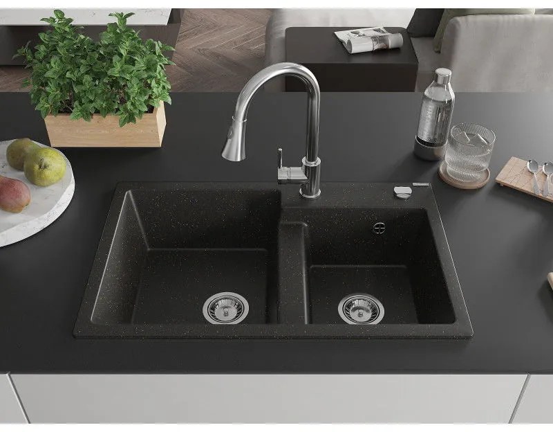 Mexen Tomas, 2-komorový granitový drez 800x500x190 mm a drezová batéria Elia, čierna-zlatá metalíza, 6516-75-670101-00