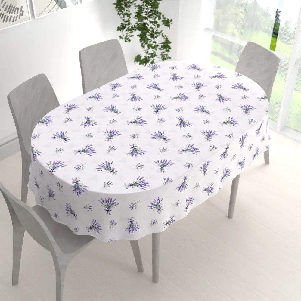 Biante Teflónový oválny obrus TF-128 Vetvičky levandúľ na bielom 120x200 cm