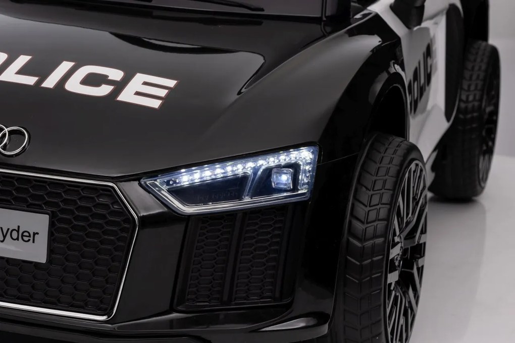 Ramiz Audi R8 Polícia na batérie pre deti + diaľkové ovládanie + EVA + pomalý štart + MP3 LED