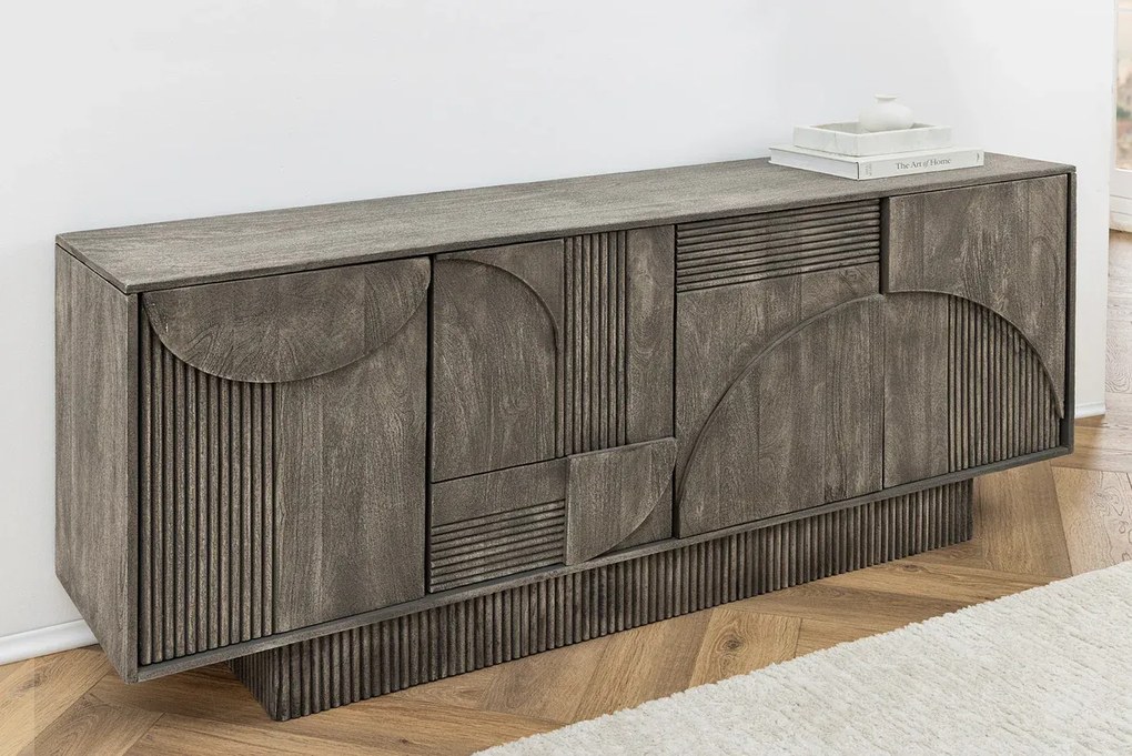 Komoda ART DECO 170 cm 3D mangové drevo, sivá